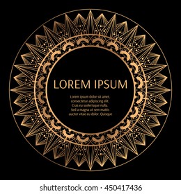 Golden round frame with black background vector. Gold design for album, label, photo frame, greeting card, wedding invitation. Mandala arabic ornament with place for text.