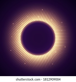 Golden round frame in disco style. Bright illuminated circular border isolated on a dark background. Abstract retro background with halftone gradient. Vector light effect.