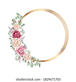 golden round frame with flowers. Geometrical polyhedron, wedding invitation deco style design. Wedding ornament concept. 