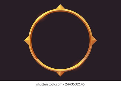 Golden round frame game medieval menu, user interface shiny border. Empty border in medieval style, fantasy decoration different shapes isolated on dark background. 