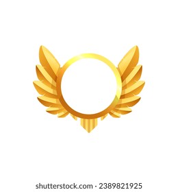 Golden round frame of medal with wings flat style, vector illustration isolated on white background. Decorative design element for online games. UI UX design, interface