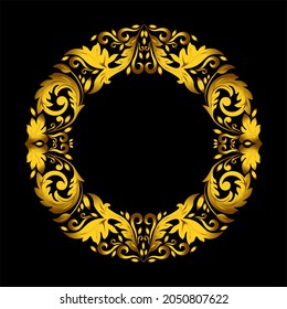
Golden round frame on a black background from a floral ornament for congratulations postcards advertising Isolated on black background Vector illustration in retro style