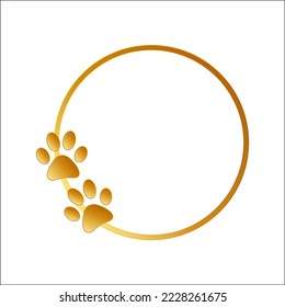 Golden round frame with pet paw prints with empty space.