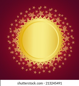 golden round frame and shiny gold stars background
