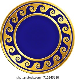 Golden round frame with traditional vintage Greek Meander pattern on the blue background for design template. Gold pattern for decorative tiles and plates Traditional vintage Golden round Greek