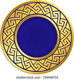 Golden round frame with traditional vintage Greek Meander pattern on the blue background for design template. Gold pattern for decorative tiles and plates