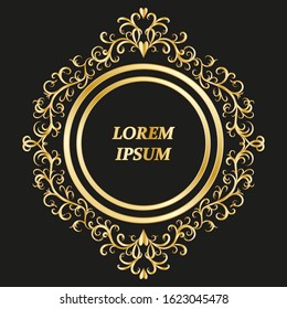 Golden round frame in vintage style on black background. Luxurious vector pattern. 