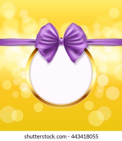 golden round frame with violet bow ribbon decorative background. vector illustration