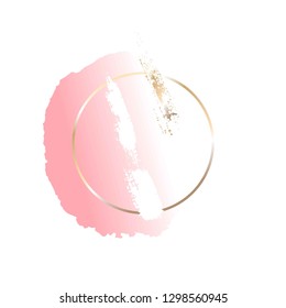 Golden round frame, white, pink and golden brush strokes on a white background.