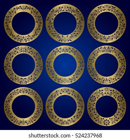 Golden round frames set of floral ornament borders.