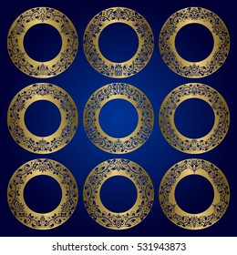 Golden round frames set of floral ornament borders.