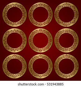 Golden round frames set of floral ornament borders.