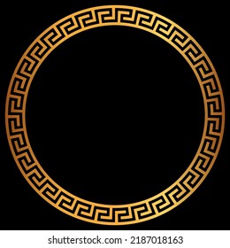 Golden round greek frame. Golden circle frames with traditional patterns isolated on black background. Greece circular ornament. Border template.