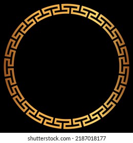 Golden round greek frame. Golden circle frames with traditional patterns isolated on black background. Greece circular ornament. Border template.