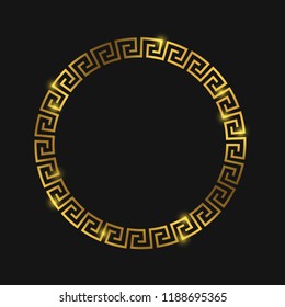 Golden round greek frame for design. Greek gold ornament on black. Vector illustration
