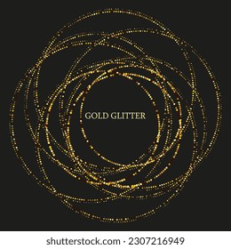Golden round halftone dots on a dark background in the form of a frame