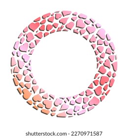 Golden round hearts frame for decorative headers. Pink gold metal valentine ornament isolated on white background. Vector