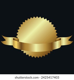 Golden round label in the shape of the sun with golden ribbon for text. Vector on a black background