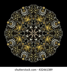 Golden round lacy tantric ornament. Hand drawn lotuses, moons and plants gold colors Art Nouveau style. Vintage mandala for print or t-shirt fashion design. Spirituality concept. Vector illustration.