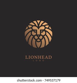 Golden round lion head logo template design. Vector illustration.