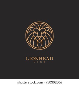 Golden round lion head logo template design in outline style. Vector illustration.