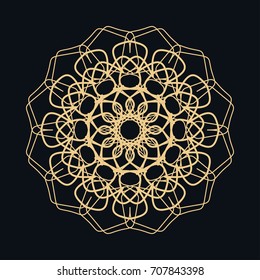 Golden round mandala ornament, line art icon. Vector linear floral geometric motif. Isolated design element for brochure, invitation card, logo, monogram, emblem. Gold and black background