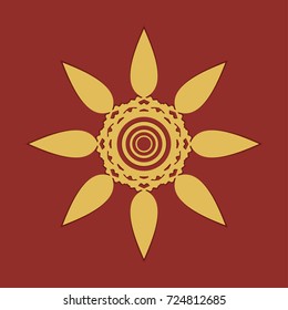 Golden round mandala ornament on a dark red background, tribal ethnic motif. Isolated floral geometric element for brochure, invitation card, logo, icon, monogram, emblem