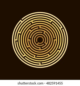 Golden round maze. Gold color labyrinth at black background. Maze design element. Idea for logo or corporate identity. Conundrum vector illustration.
