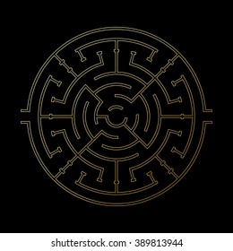 Golden round maze. Two right ways labyrinth. Gold color shape at black background. Unique brain exercise abstract design element. Idea for logo or corporate identity. Vector illustration.