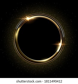 Golden round metal circle rings with sparkles background. Shining abstract frame. Yellow shiny circular lines. Modern futuristic graphic vector illustration. Flares glowing effect.