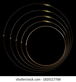 Golden round metal circle rings. Shining transparent abstract background. Yellow shiny circular lines. Modern futuristic graphic vector illustration. Flares glowing decoration.