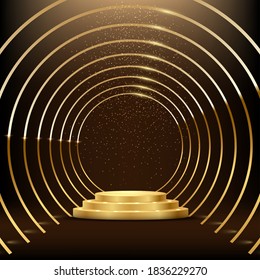 Golden round metal circle rings leading to podium. Shining abstract background with gold glitter. Yellow shiny circular lines. Modern futuristic graphic vector illustration. Glowing decoration.
