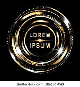 Golden round metal circle rings with sparkles background. Shining abstract frame. Yellow shiny circular lines. Modern futuristic graphic vector illustration. Flares glowing effect.