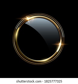 Golden round metal rings around glass circle. Shining abstract triple frame. Yellow shiny circular lines. Modern futuristic graphic vector illustration. Flares glowing effect.