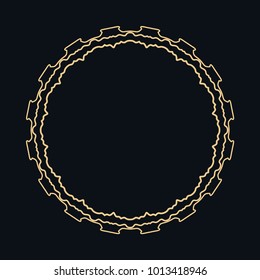 Golden round ornament, frame, border, line art icon. Vector linear floral geometric motif. Isolated design element for brochure, invitation card, logo, monogram, emblem. Gold and black background