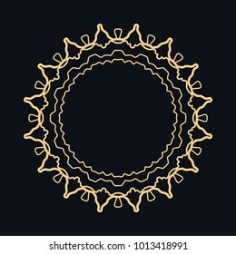 Golden round ornament, frame, border, line art icon. Vector linear floral geometric motif. Isolated design element for brochure, invitation card, logo, monogram, emblem. Gold and black background