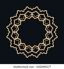 Golden round ornament, frame, border, line art icon. Vector linear floral geometric motif. Isolated design element for brochure, invitation card, logo, monogram, emblem. Gold and black background