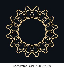 Golden round ornament, frame, border, line art icon. Vector linear floral geometric motif. Isolated design element for brochure, invitation card, logo, monogram, emblem. Gold and black background