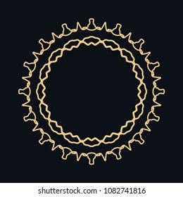 Golden round ornament, frame, border, line art icon. Vector linear floral geometric motif. Isolated design element for brochure, invitation card, logo, monogram, emblem. Gold and black background
