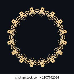 Golden round ornament, frame, border, line art icon. Vector linear floral geometric motif. Isolated design element for brochure, invitation card, logo, monogram, emblem. Gold and black background