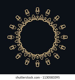 Golden round ornament, frame, border, line art icon. Vector linear floral geometric motif. Isolated design element for brochure, invitation card, logo, monogram, emblem. Gold and black background
