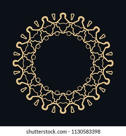 Golden round ornament, frame, border, line art icon. Vector linear floral geometric motif. Isolated design element for brochure, invitation card, logo, monogram, emblem. Gold and black background