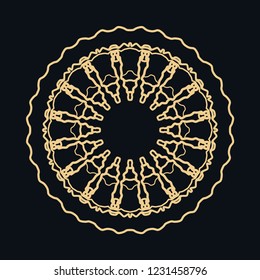 Golden round ornament, frame, border, line art icon. Vector linear floral geometric motif. Isolated design element for brochure, invitation card, logo, monogram, emblem. Gold and black background