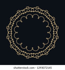 Golden round ornament, frame, border, line art icon. Vector linear floral geometric motif. Isolated design element for brochure, invitation card, logo, monogram, emblem. Gold and black background
