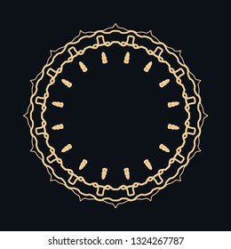 Golden round ornament, frame, border, line art icon. Vector linear floral geometric motif. Isolated design element for brochure, invitation card, logo, monogram, emblem. Gold and black background