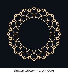 Golden round ornament, frame, border, line art icon. Vector linear floral geometric motif. Isolated design element for brochure, invitation card, logo, monogram, emblem. Gold and black background