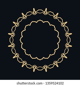 Golden round ornament, frame, border, line art icon. Vector linear floral geometric motif. Isolated design element for brochure, invitation card, logo, monogram, emblem. Gold and black background
