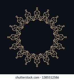 Golden round ornament, frame, border, line art icon. Vector linear floral geometric motif. Isolated design element for brochure, invitation card, logo, monogram, emblem. Gold and black background