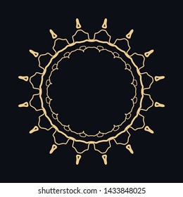 Golden round ornament, frame, border, line art icon. Vector linear floral geometric motif. Isolated design element for brochure, invitation card, logo, monogram, emblem. Gold and black background