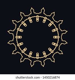Golden round ornament, frame, border, line art icon. Vector linear floral geometric motif. Isolated design element for brochure, invitation card, logo, monogram, emblem. Gold and black background